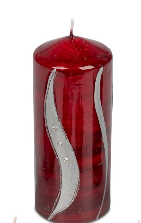 Festliche Stumpenkerze 7x11 cm silbernem Dekor und Glitzer-Steinen