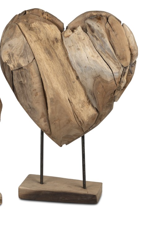 Dekoratives Dekoherz  Herz Skulptur auf Fuß, Teak Holz Natur, 28x40cm