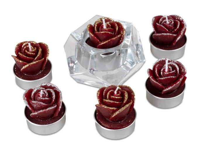 1 Satz mit 6 Teelichter Rose bordeaux/weinrot- Deko für Weihnachten Modell/Farbe sortiert- Lieferung ohne Leuchter