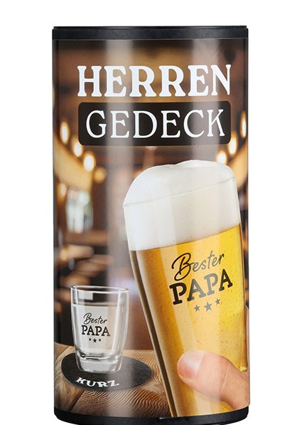 Herrengedeck, 4 teilig, Bester Papa, Bierglas, Schnapsglas, 2 Filz Untersetzer in einer Geschenkbox