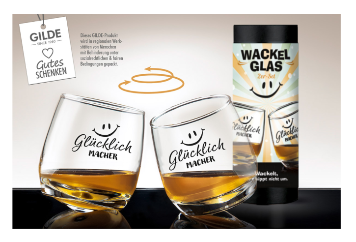 GILDE Wackelglas Set 2-teilig, Glücklichmacher, Glas klar, Wackelgläser mit Spruch für mehr Glück