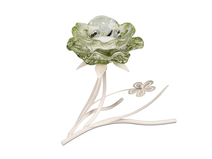 Tischlicht Teelichthalter mit Blüte, Metall und Glas, Grün, 15 cm