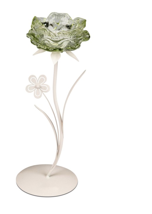 Tischlicht Teelichthalter mit Blüte, Metall und Glas, Grün, 28 cm