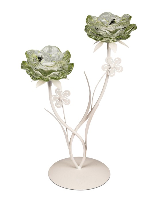 Tischlicht Teelichthalter 2-flammig mit Blüte, Metall und Glas, Grün, 32 cm