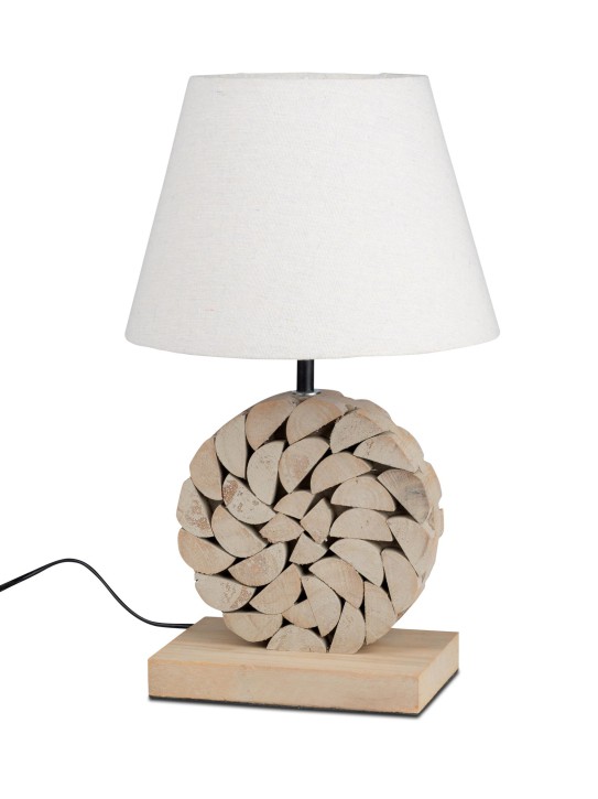 Dekorative Tischlampe mit Holz-Natur Kreis Design, 42cm, Beige Lampenschirm, Tischleuchte