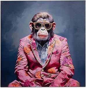 Wandbild AFFE im Anzug 60x60cm Leinwanddruck mit glänzenden Acryl-Steine 