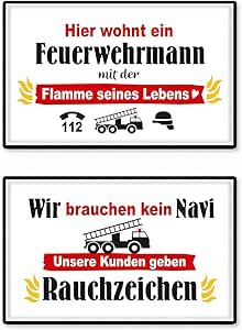 GILDE 2er Set Wandschild Metall, " Wir brauchen kein Navi- Unsere Kunden geben Rauchzeichen", Feuerwehr, 30x19cm