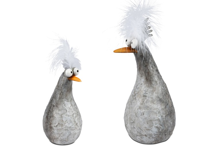 1 Set mit 2 Stück Figur Vogel Rudi 17 und 21cm mit Federn, Dekoration Ostern, Frühling
