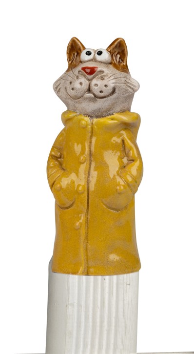 Garten Zaundeko Zaunhocker 1 Katze Figur, Steinzeug handbemalt, Gelb / Grün, 20 cm