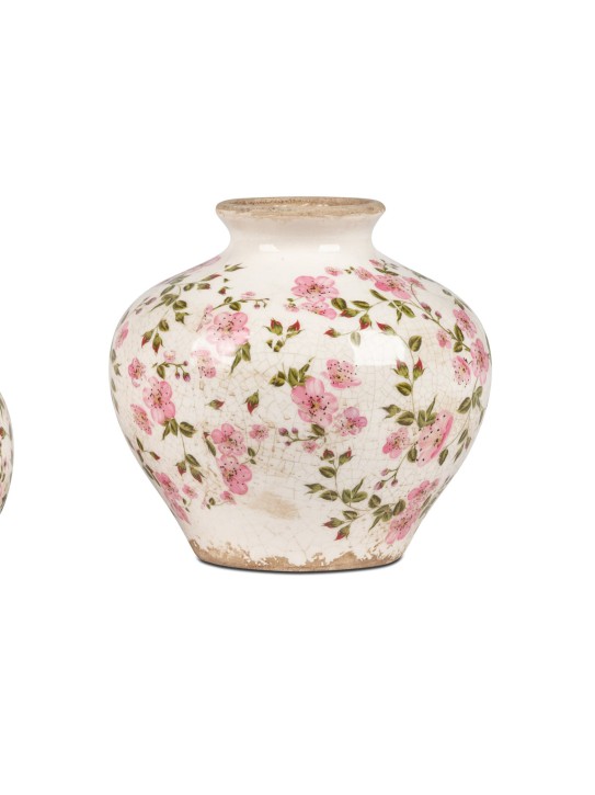 Keramik Blumenvase mit Blüten-Dekor, Vintage-Optik, Glasierte Oberfläche, 13 cm