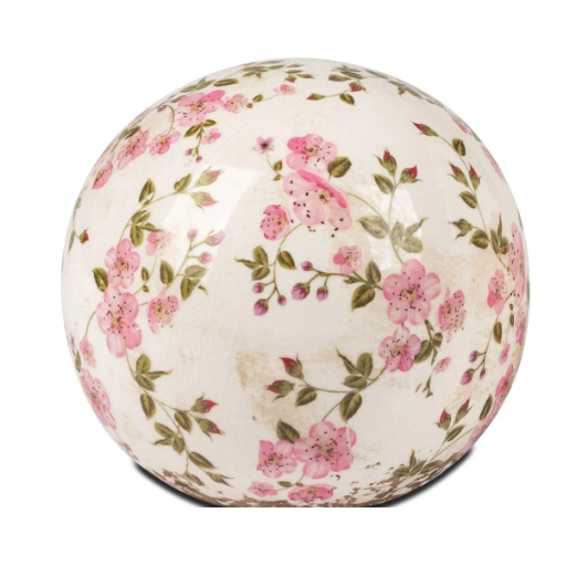 Keramik Dekokugel VINTAGE, Weiß mit Rosa Blüten, Antik-Stil, 12 cm
