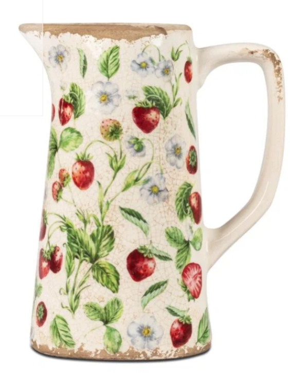 Deko Vase Krug VINTAGE Erdbeeren antik weiß grün rot H. 19cm Formano Garten
