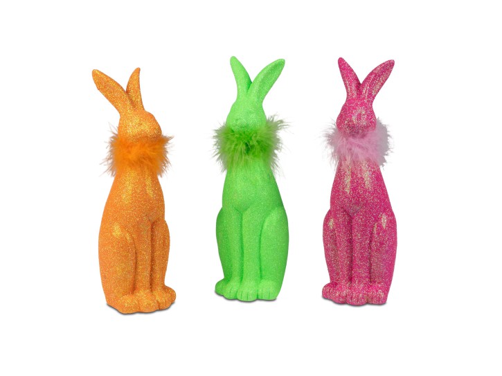 Set Osterhasen Hase mit Federn in kräftigem Orange, Grün + Pink 9x24cm aus Keramik 