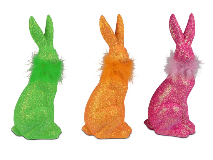 Set Osterhasen Hase mit Federn in kräftigem Orange, Grün + Pink 29cm aus Keramik 