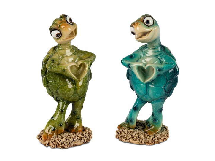 Schildkröte Harry mit Herz grün oder blau. 14cm aus Kunststein mit glänzender, handbemalter Oberfläche