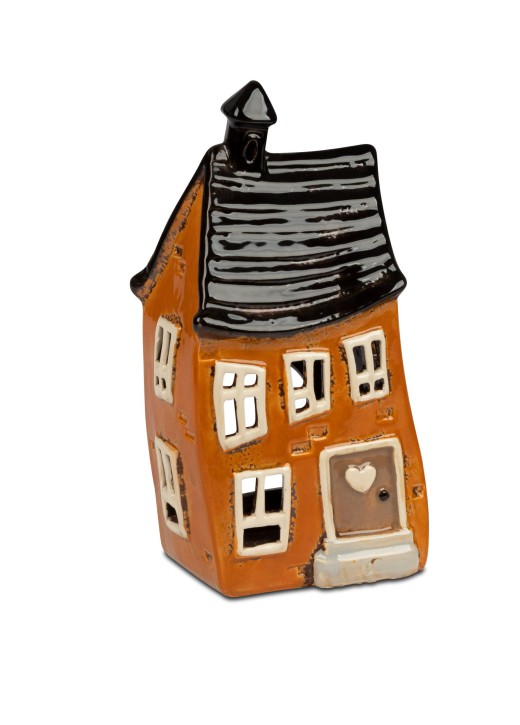 Dekoratives Windlicht Schiefes Haus,oranges, Handbemalt, Steinzeug, 22 cm