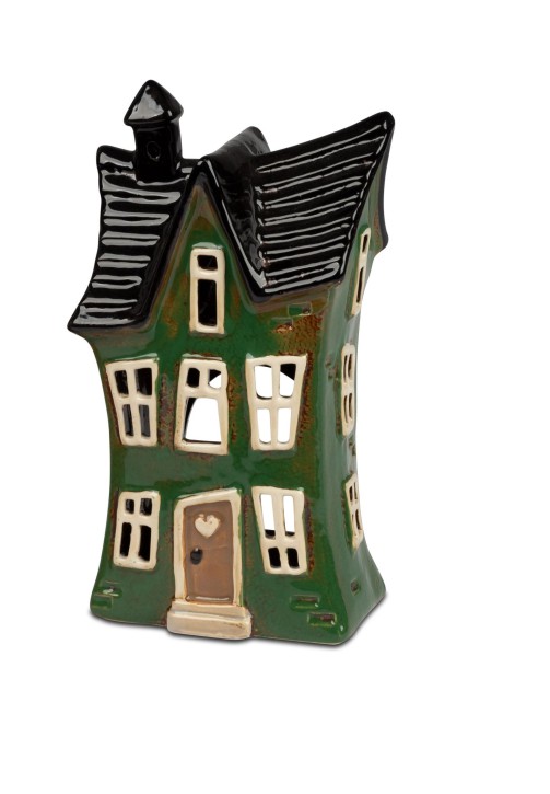 Dekoratives Windlicht Schiefes Haus, Grün, Handbemalt, Steinzeug, 22 cm