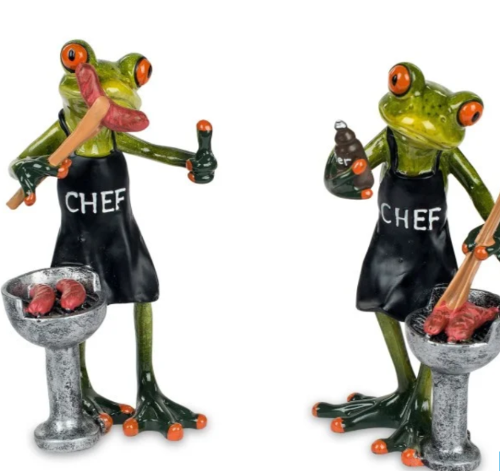 Süße Froschfiguren im Set am Grill mit Bratwurst Deko Figur 
