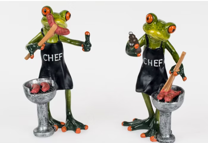 Suesser Frosch am Grill mit Bratwurst Deko Figur Dekoration Zierfigur Froschfigur