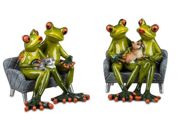 2er Set Froschpaar mit Haustier auf Sofa lustige Frösche 15x12 cm 
