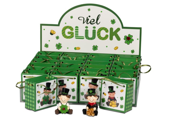 2 Stück Viel Glück mit Geschenktüte, Grün mit Schornsteinfeger Figuren, 5 cm, Glücksbringer für Neujahr