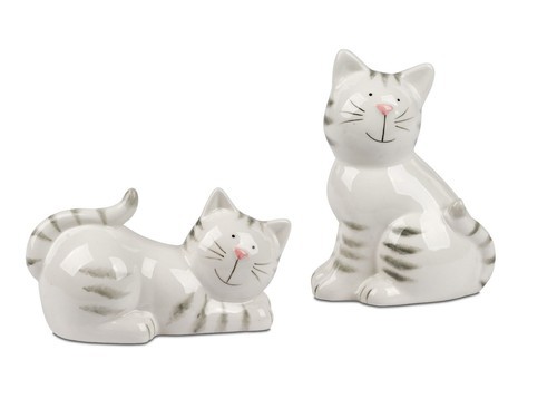 2er Set Dekofiguren Katzen sitzend und liegend weiß grau 17cm 