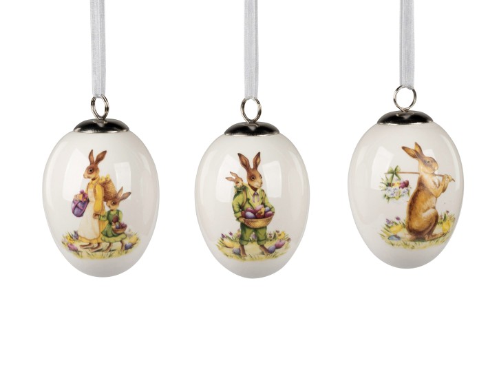 Set mit 3 Stück Ostereier Eier hängend 8cm mit Hasenmotiv, Dekoration Ostern