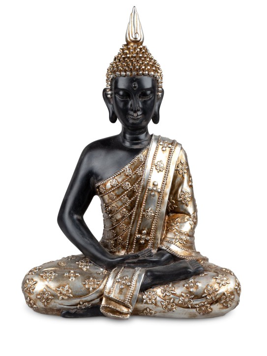 Dekorativer Buddha schwarz - gold 41cm aus Kunststein - gefertigt und mit aufwendigem, antik goldenem Relief verziert