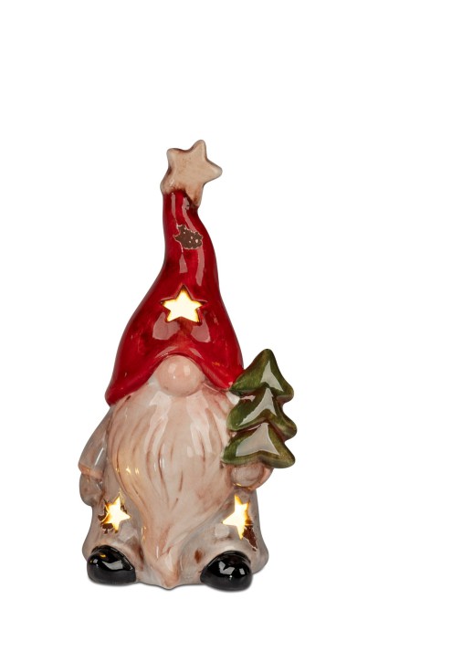 formano 1 Stück Zwerg Deko Figur aus glasierter Keramik LED Licht mit Zipfelmütze 16cm Winterzeit  gefertigt und handbemalt