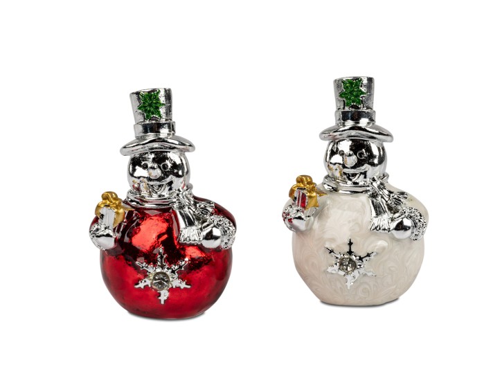 2 Stück Schneemänner, Schneemann 7 cm formano silber Perlmutt Optik Deko Objekt Pearl Silber Kunststein