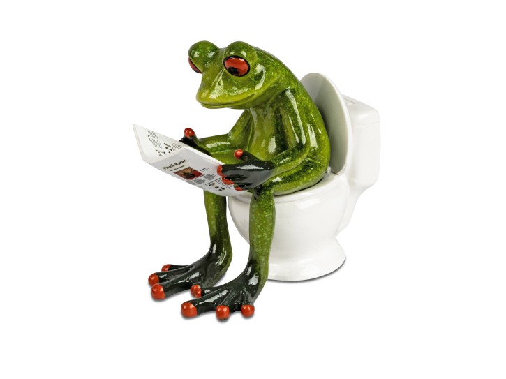 Formano Witzige Frosch Skulptur auf Toilette mit Zeitung, Kunststein Gartenfigur, Grün, Humorvolle Deko für Wohnzimmer, Büro und Garten