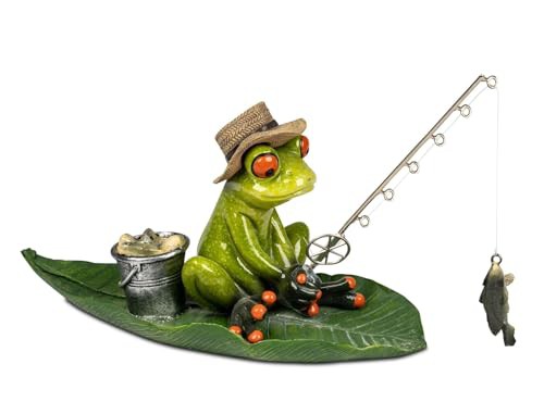 Frosch Angler auf Blatt Handbemalte Dekofigur aus Polyresin 19x14 x 9 cm 