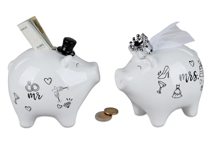 Formano 2 Stück Spardosen Sparschein 15cm Hochzeit, Mr. &Mrs. weiss m. gold, Porzellan, ca 15 cm - Geschenke zur Hochzeit