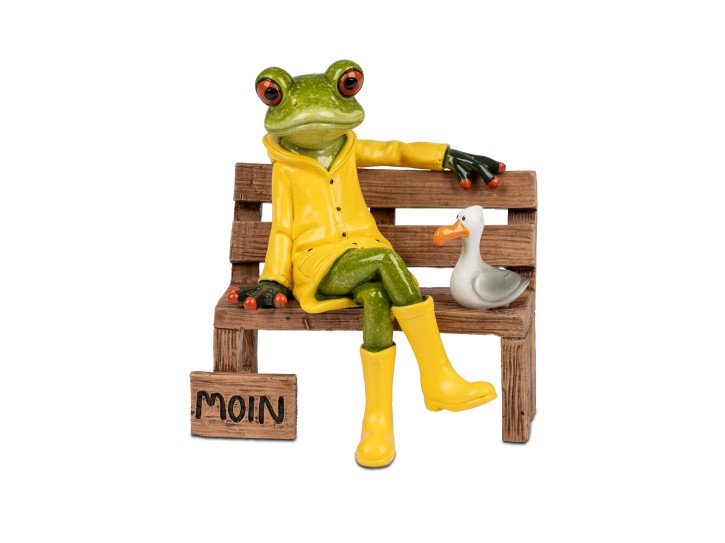 Frosch auf Bank mit Moin-Gruß und Möwe aus Kunststein, handbemalt, 13 cm, Frosch auf Bank mit Moin-Gruß und Möwe aus Kunststein, handbemalt, 13 cm,