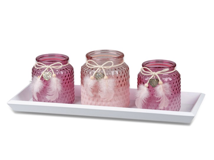 Leuchterset / Deko-Set  mit Schale und 2 Windlichter 39cm  in rosa-weiss