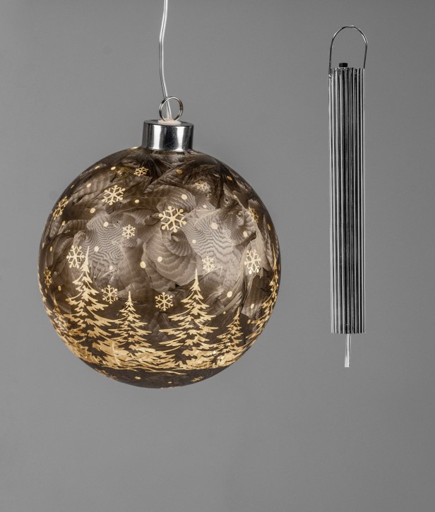 Hänger Kugel frosty-braun mit LED-Licht + Timer 10cm aus Farbglas ,Dekoration Weihnachten Beleuchtete Weihnachtskugel Deko-Kugel hängend 