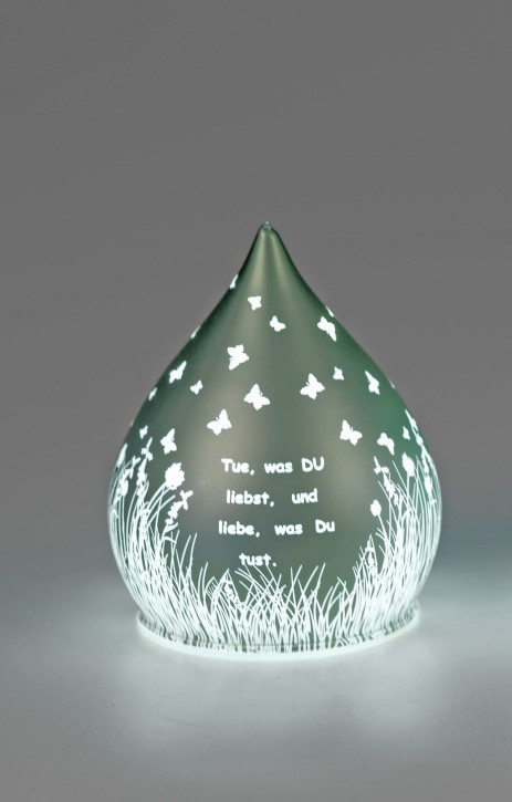 formano Deko-Tropfen in Frosty-Silber mit LED-Licht + Timer 13cm aus Farbglas in geeister Optik mit Spruch: Tue, was du liebst...., für 3x AA Batterien 1,5V-Batterie nicht enthalten