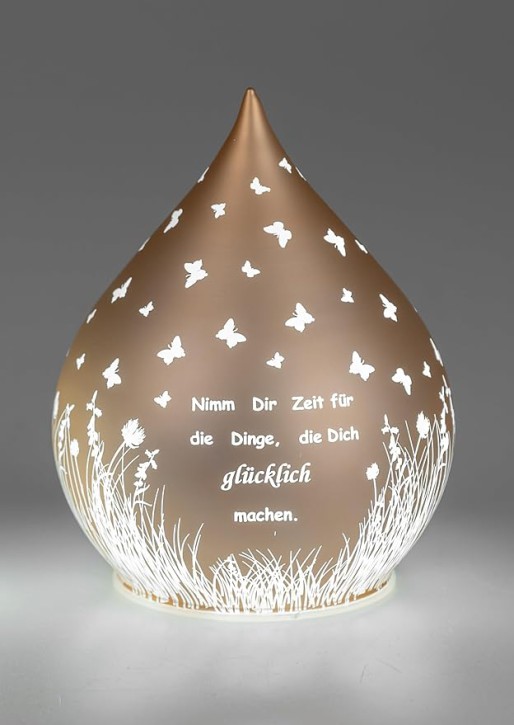 1 Stück formano Deko-Tropfen in Frosty-Gold mit LED-Licht + Timer 13cm aus Farbglas in geeister Optik mit Spruch: Tue, was Du liebst.., für 3x AA Batterien 1,5V-beleuchtete Dekolampe, Batterie nicht enthalten