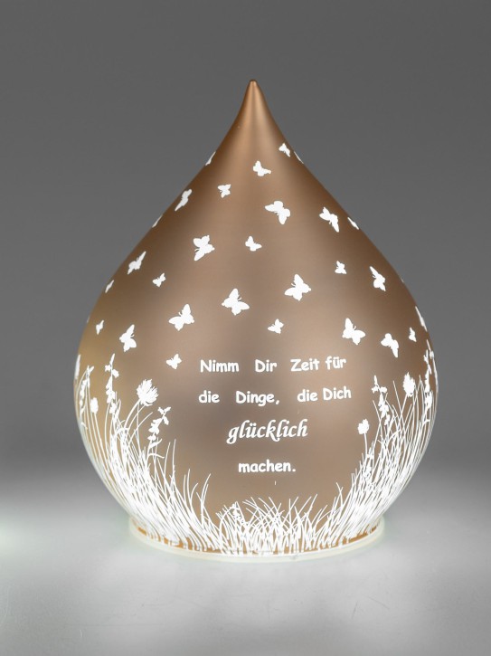 1 Stück formano Deko-Tropfen in Frosty-Gold mit LED-Licht + Timer 15cm aus Farbglas mit Spruch: Nimm Dir Zeit für..., für 3x AA Batterien 1,5V-Dekolampe, Batterie nicht enthalten