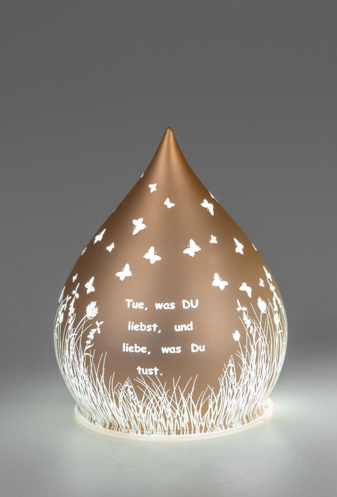 1 Stück formano Deko-Tropfen in Frosty-Gold mit LED-Licht + Timer 13cm aus Farbglas in geeister Optik mit Spruch: Tue, was Du liebst.., für 3x AA Batterien 1,5V-beleuchtete Dekolampe, Batterie nicht enthalten