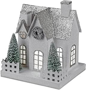 Dekoration Weihnachten Papier- Haus weiss/silber mit Licht