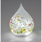 LED Deko Tropfen Glas Blumenwiese 15 cm Matte Glasleuchte mit Blumen-Dekor - Timer 6h/18h, batteriebetrieben (3× AA), stimmungsvolles Ambientelicht für Tisch, Fensterbank & Regal