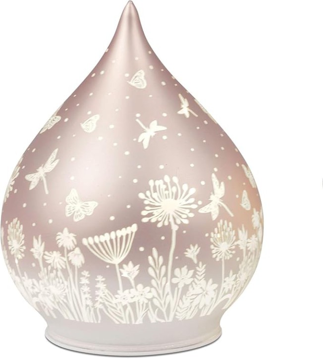 LED Deko Tropfen Glas Peach Rosa 15cm Matte Glasleuchte mit Blumen-Dekor- Timer 6h/18h