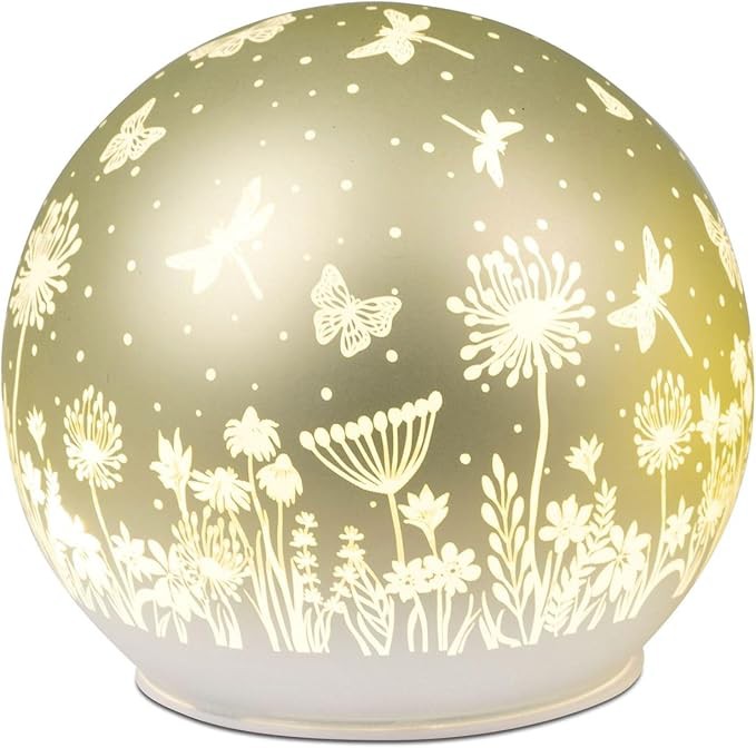 LED Deko Kugel Glas Pastell Grün 12cm Matte Glasleuchte mit Blumen-Dekor- Timer 6h/18h