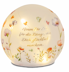 1 Stück Deko-Kugel mit LED-Licht + Timer 12cm aus Farbglas mit Blumenmuster u. Spruch: Nimm Dir Zeit für