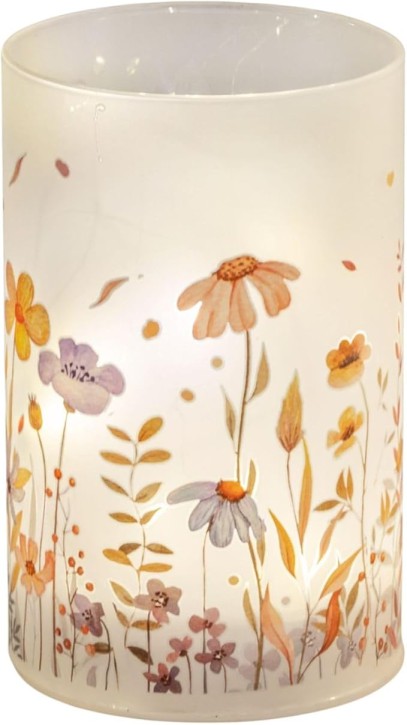 LED Tischlampe Deko Blumenwiese Zylinder Stimmungslicht aus Glas & Holz mit Timer