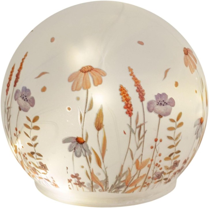 LED Deko Kugel  Wiesenblumen 12cm Matte Glasleuchte mit Blumen-Dekor - Timer 6h/18h