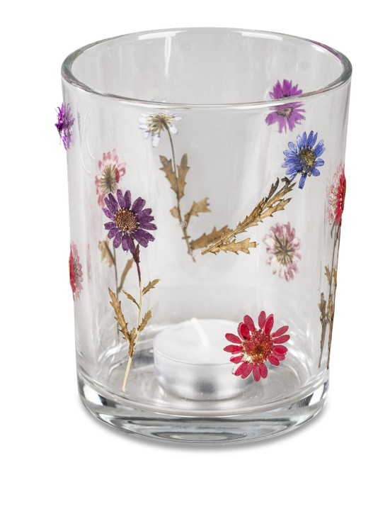 Dekoratives Windlicht  Teelichthalter 12cm  mit Trockenblumen