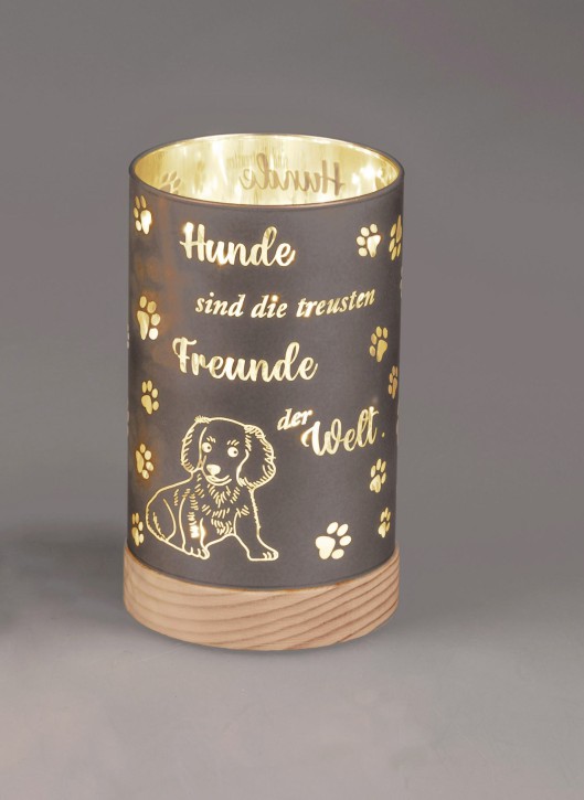Dekorative LED-Lichtsäule mit Hundemotiv und Timer, Schwarz-Gold, 15cm, Holzsockel, Pfoten-Design, Deutsche Aufschrift- Hunde sind die treusten Freunde..