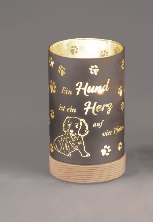 Dekorative LED-Lichtsäule mit Hundemotiv und Timer, Holzsockel, Pfoten-Design, Deutsche Aufschrift- Ein Hund ist ein Herz..